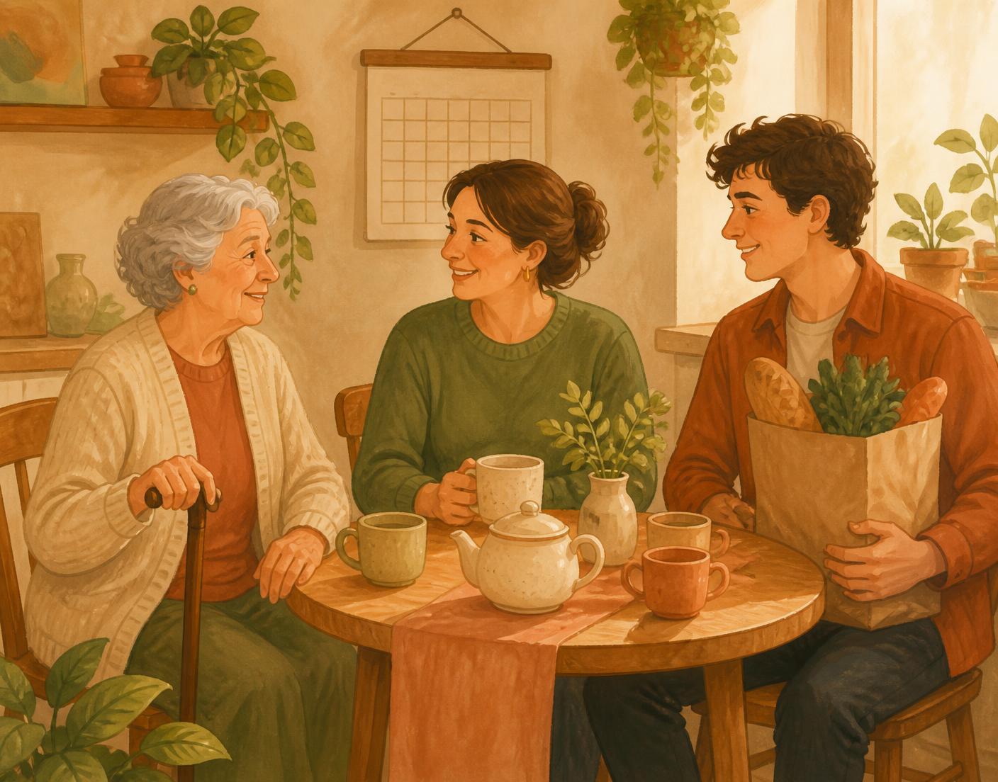 Three generations of a family sitting around a kitchen table with tea, a wall calendar behind them
